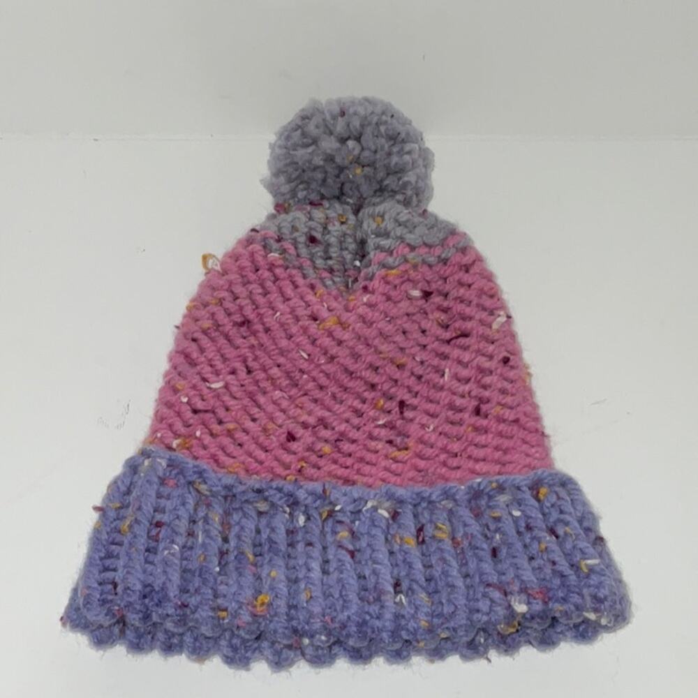 Handmade Child's beanie toboggan hat in Purple & pink with matching Pom Pom